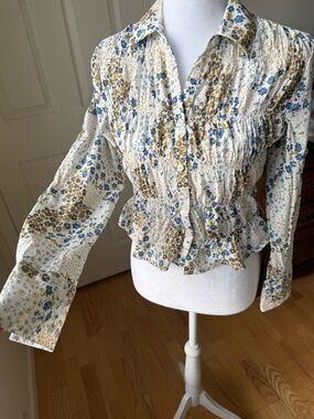Future Collective Reese Blutstein Floral Smocked Blouse Cream XS Cottagecore